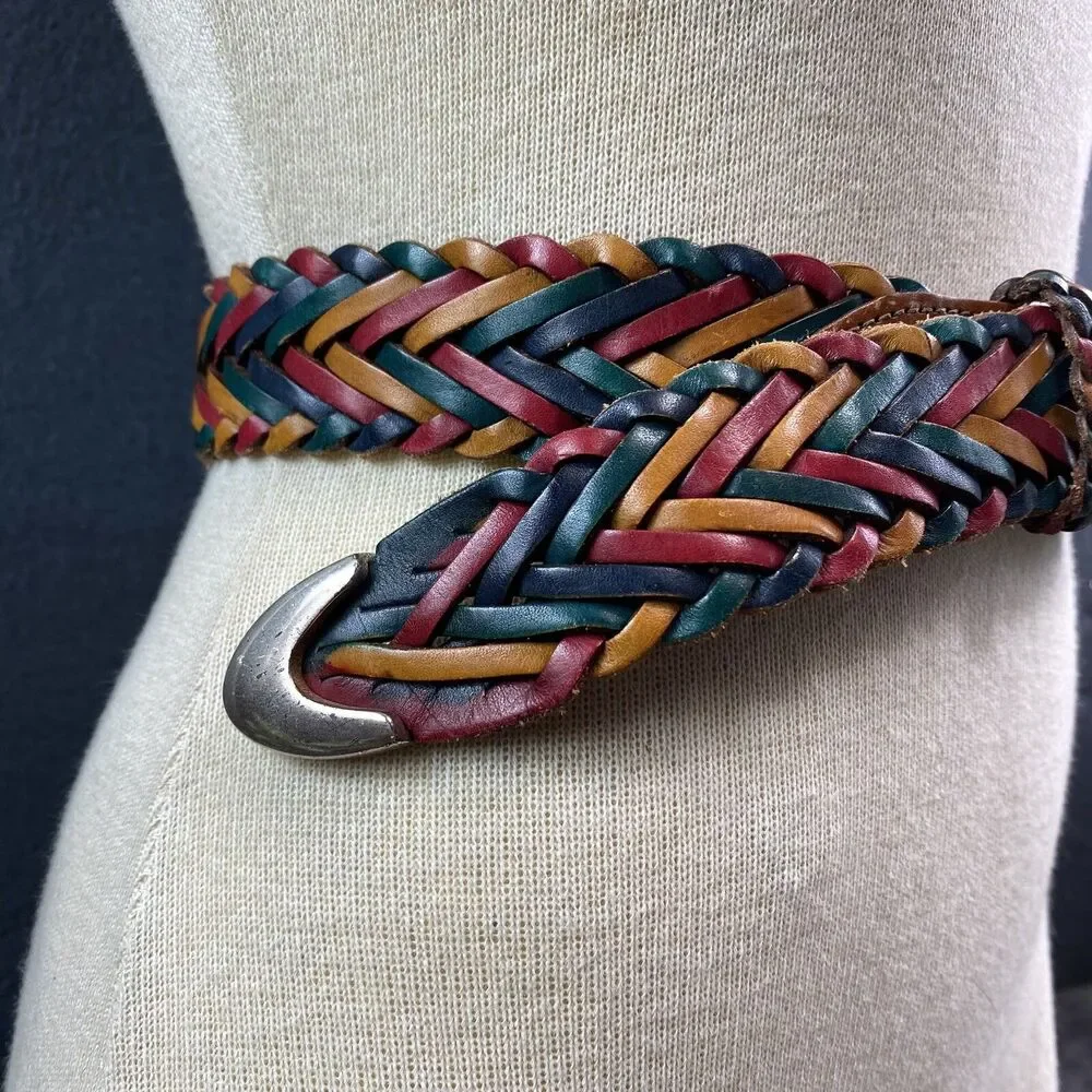 Brighton Vintage Rainbow Braided Leather Belt Small Colorful Western Boho 44801